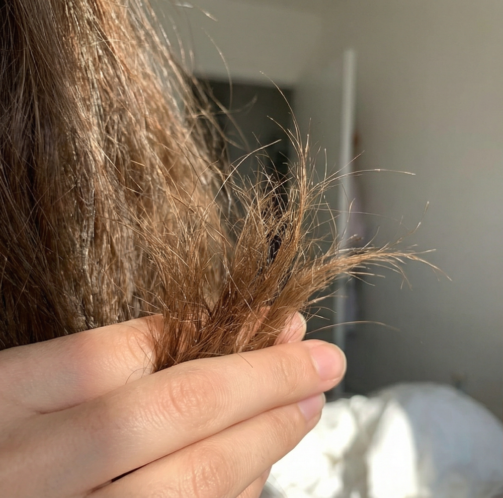 Close-up of a hand holding frizzy hair with a blurred background
