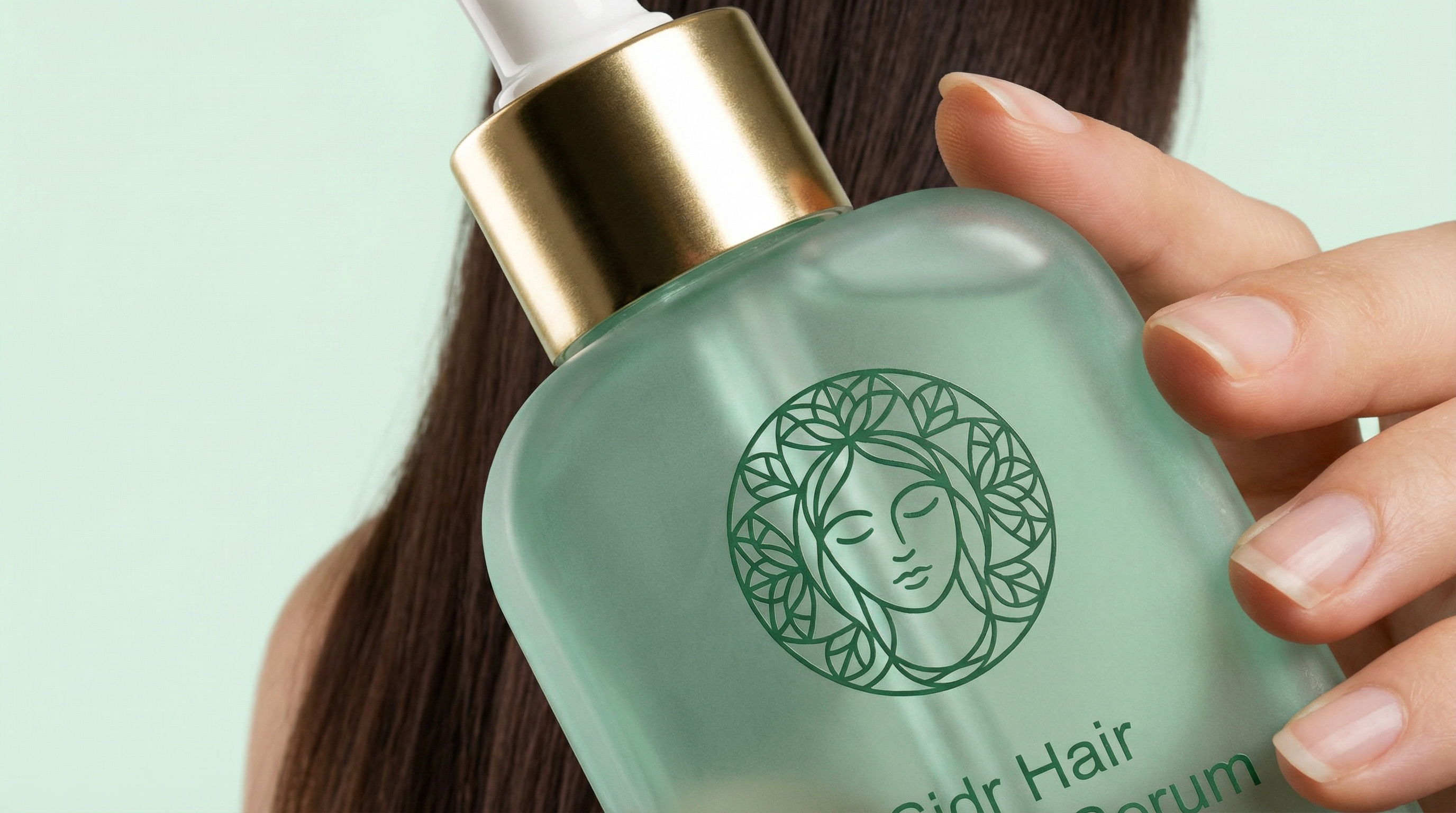 Hand holding a bottle of 'Sidr Hair & Scalp Seruml' hair and scalp serum with a green background.