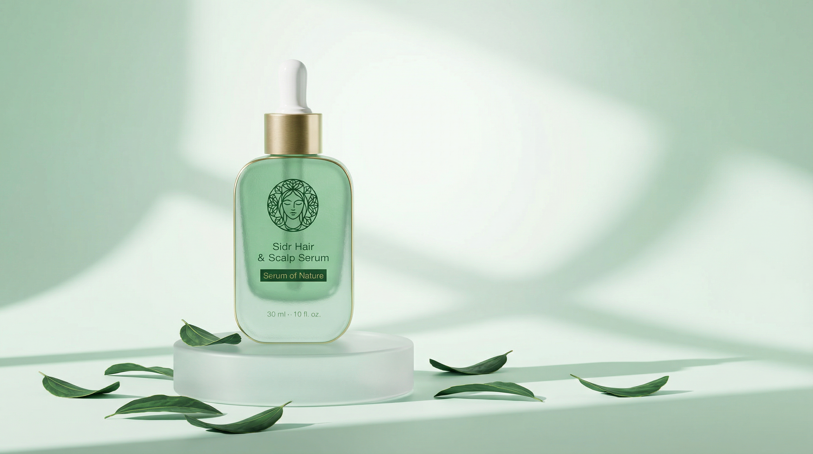 Sidr Hair & Scalp Serum bottle with dropper on a light green background
