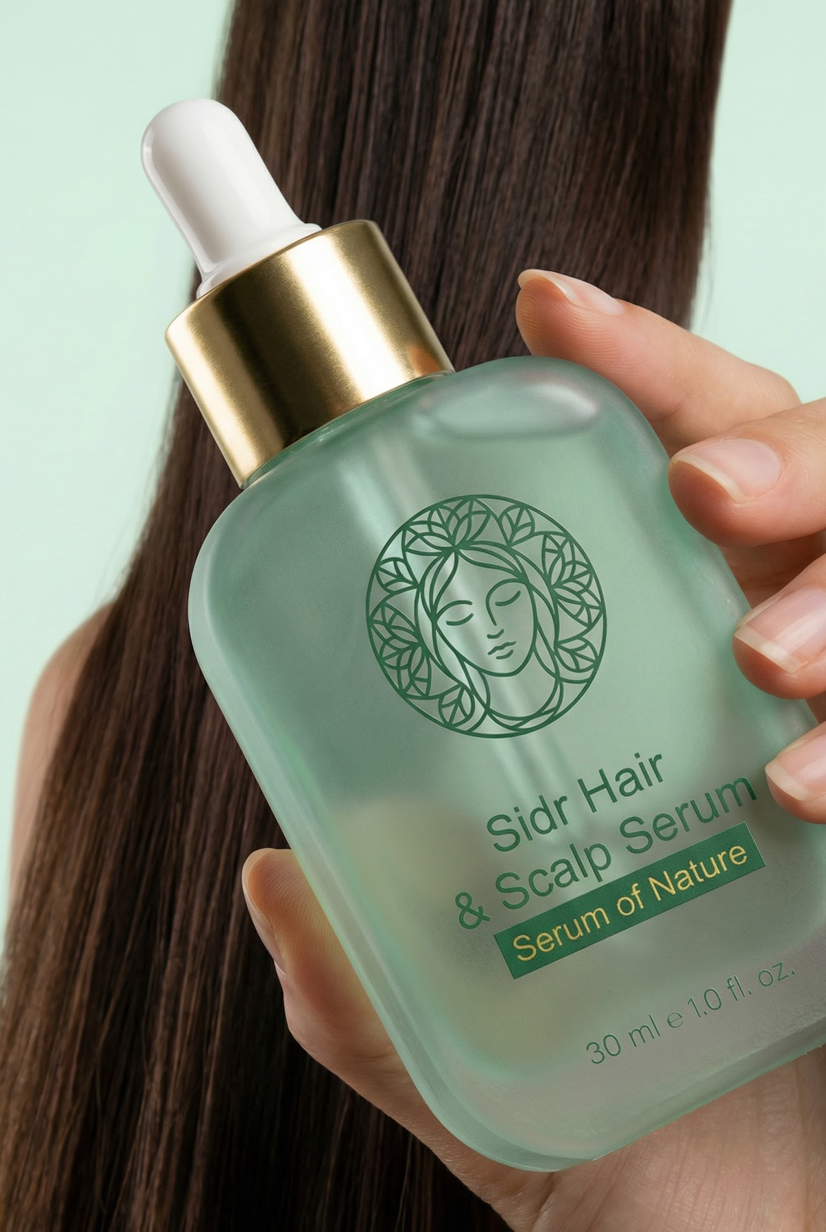 Hand holding a bottle of 'Sidr Hair & Scalp Seruml' hair and scalp serum with a green background.