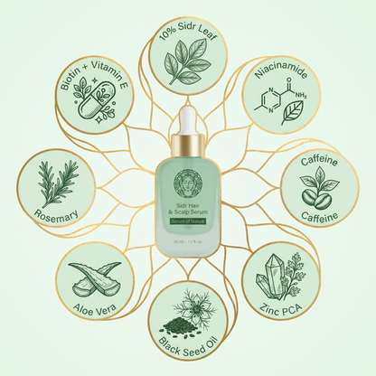 Sidr Hair & Scalp Serum with ingredient icons on a light green background