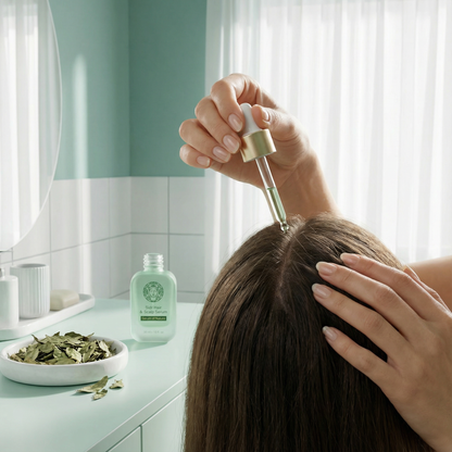 Person applying a dropper of a green liquid to their hair in a bathroom setting.