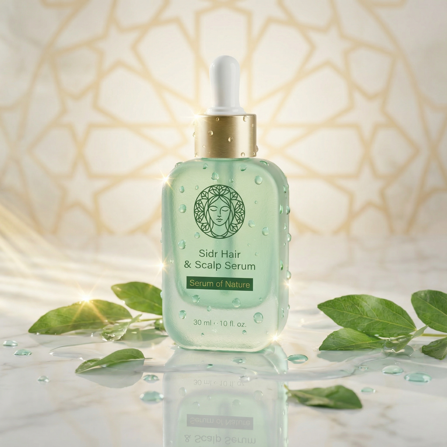 Sidr Hair & Scalp Serum bottle with dropper on a decorative background with leaves