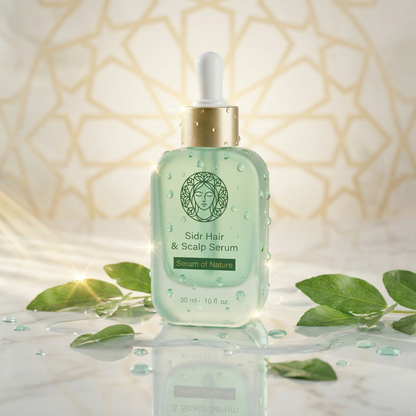 Sidr Hair & Scalp Serum bottle with dropper on a decorative background with leaves