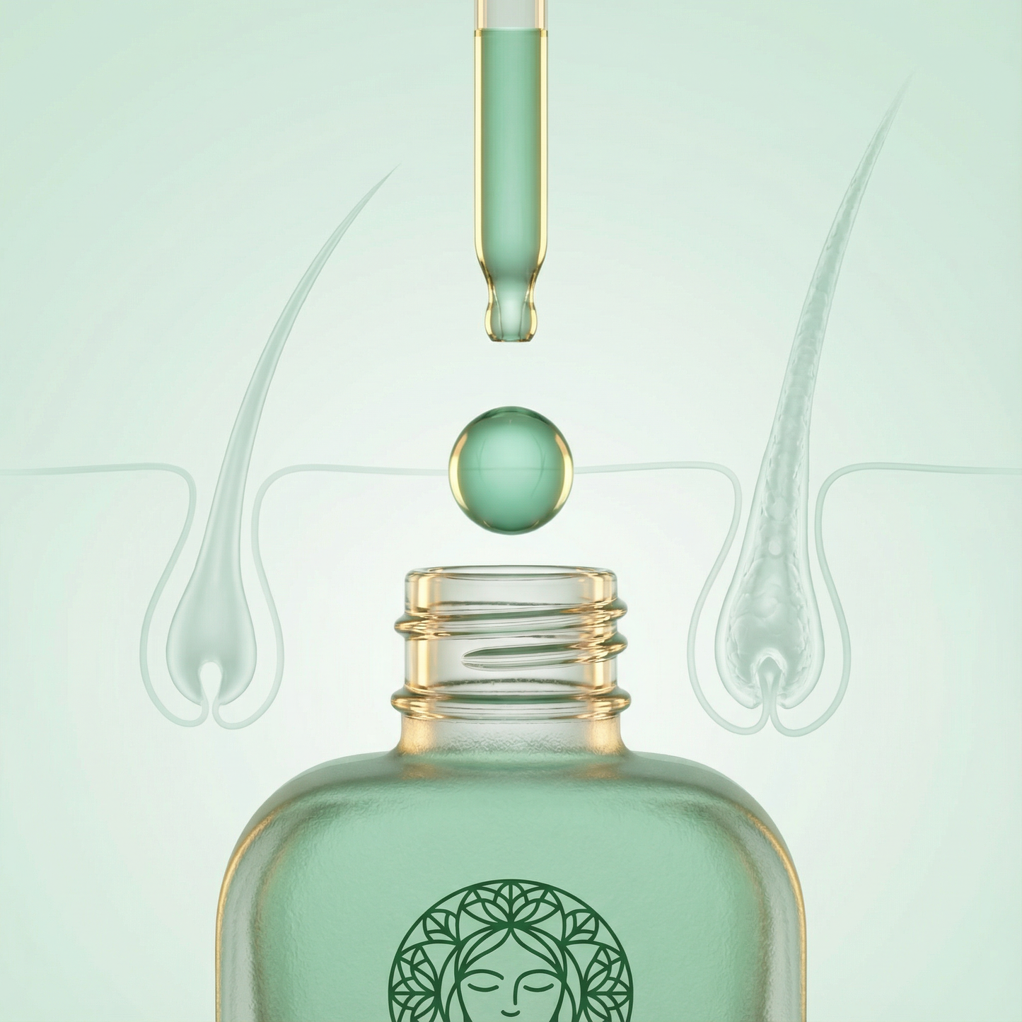 Mint green dropper bottle with a gold cap on a light green background
