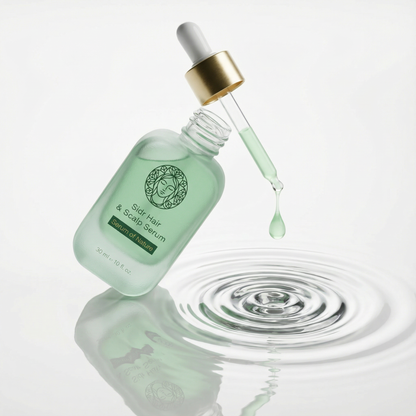 Sidr Hair serum bottle with dropper on a reflective water surface