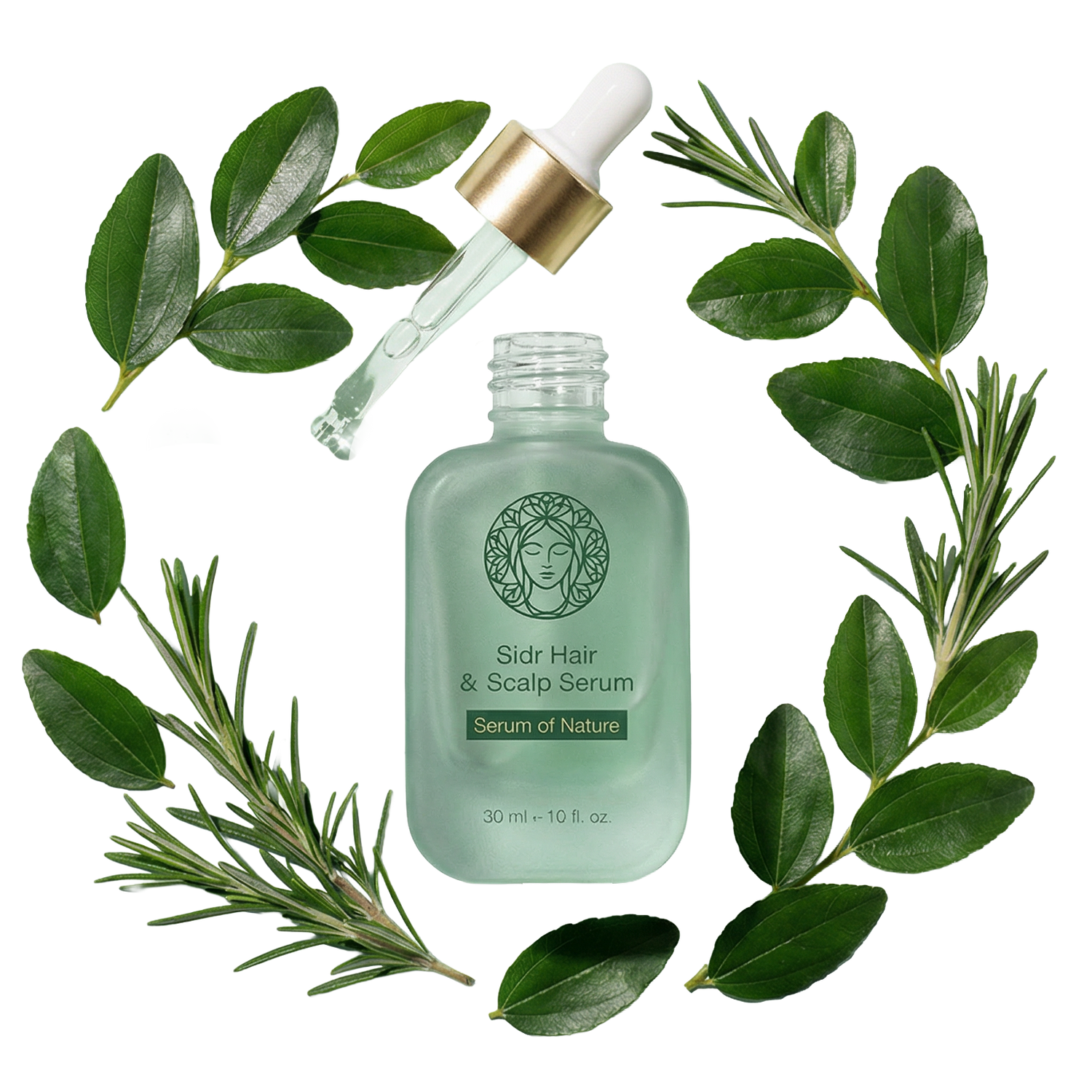 Sidr Hair & Scalp Serum bottle with dropper surrounded by green leaves and herbs on a white background