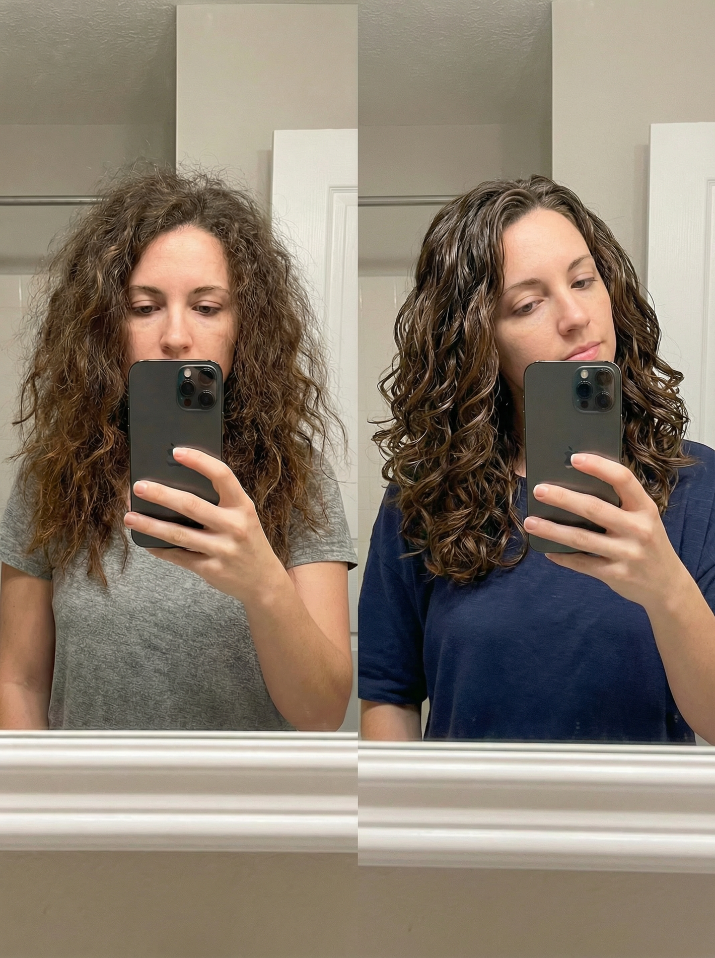 Two mirror reflections of a person with curly hair taking a selfie.