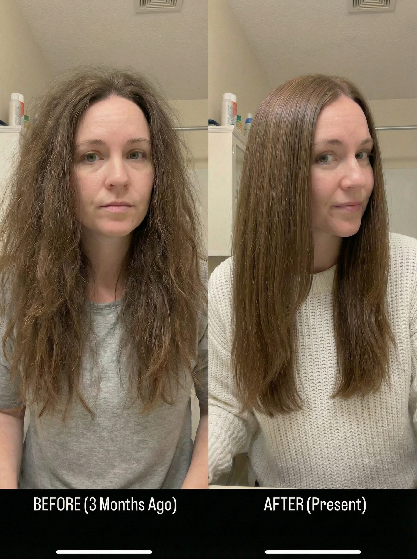 Before and after comparison of a woman with long, wavy hair and shorter, straight hair.