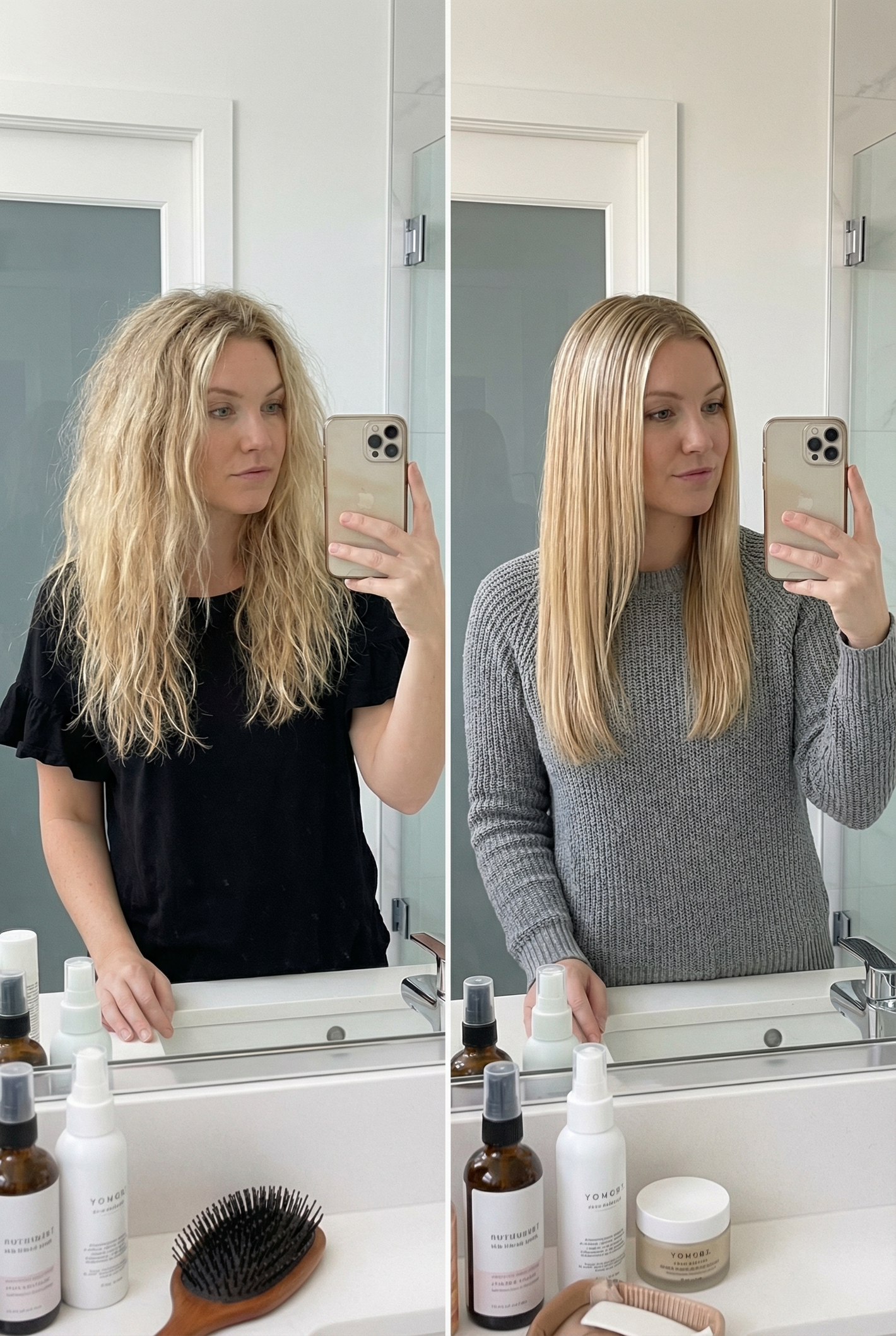 Two women taking mirror selfies with different hairstyles, surrounded by hair care products.