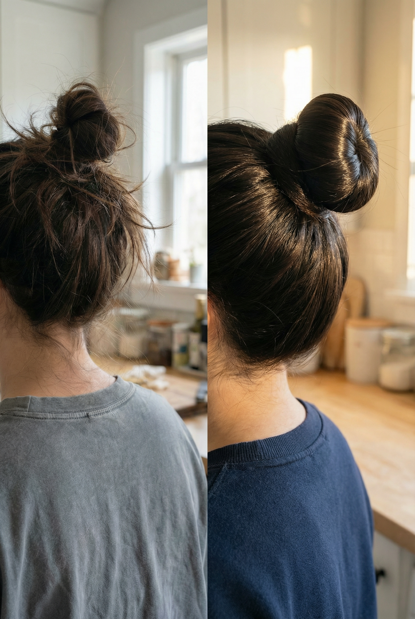 Two views of a person with their hair styled in a bun, one from behind and one from the side.