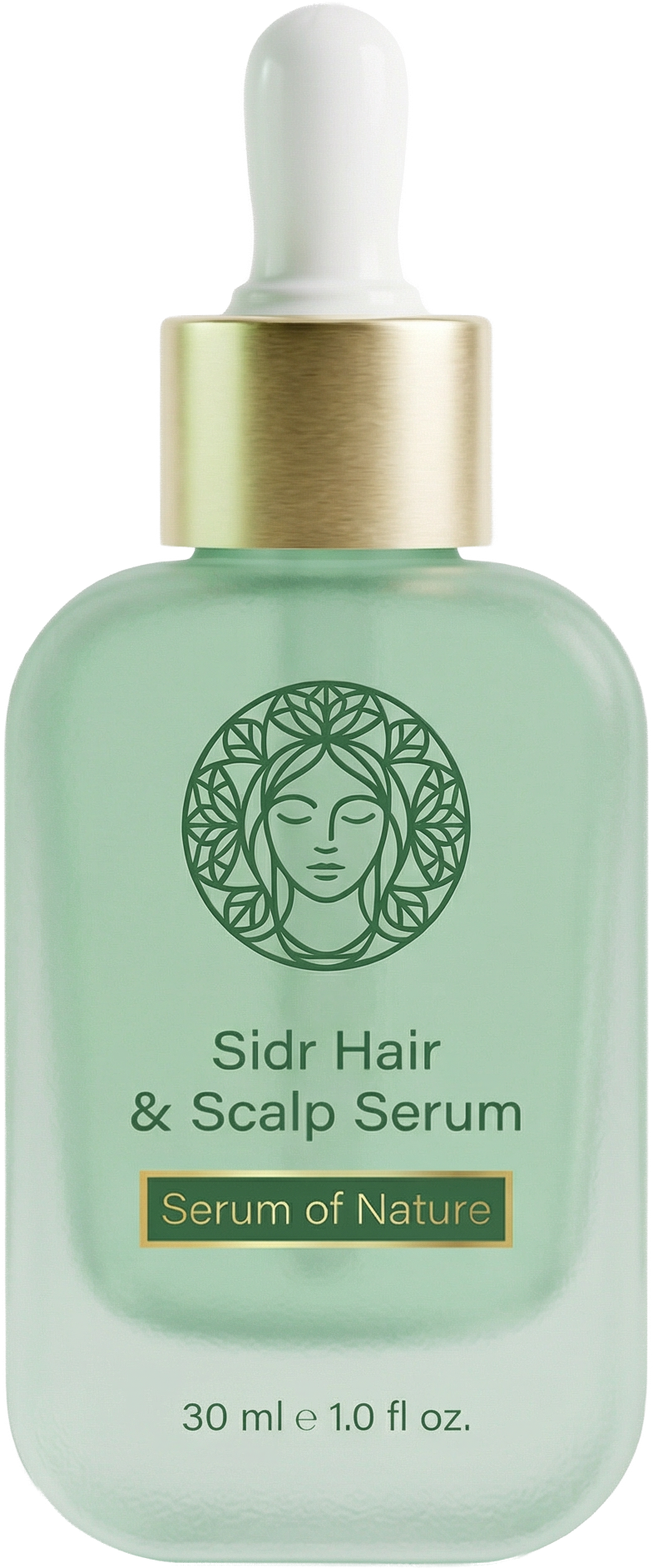 Green bottle of Sidr Hair & Scalp Serum with dropper on a white background
